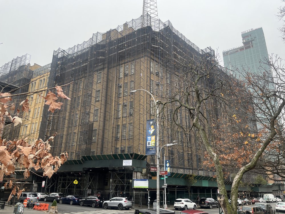 Scaffolding that wraps the building at Brooklyn Tech.