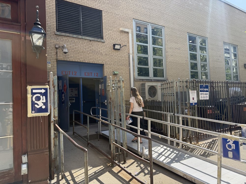 Voters enter the JHS 167 poll site on the Upper East Side on June 24, 2025.