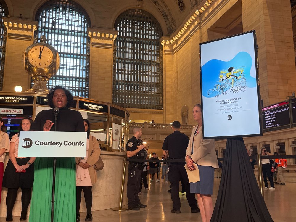 MTA official Shanifah Rieara announces a new campaign to promote etiquette on mass transit.