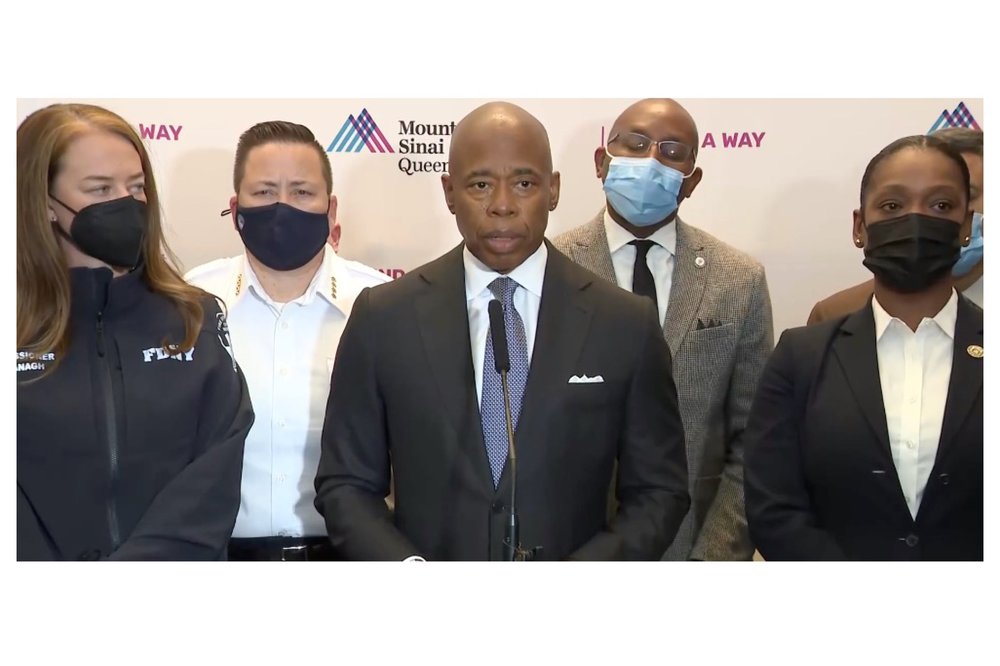 Mayor Eric Adams briefs the media at Mount Sinai Hospital in Queens after an EMT was fatally stabbed in broad daylight.