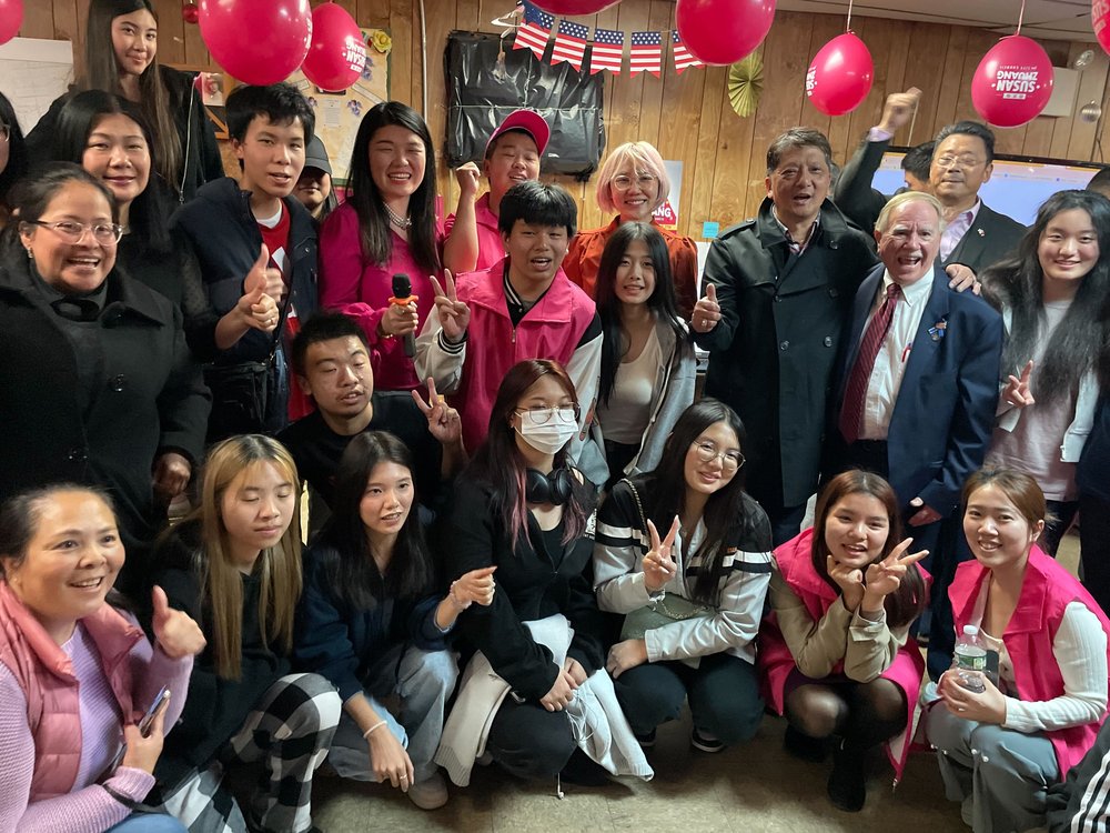 Democrat Susan Zhuang celebrates at her election headquarters on Tuesday night.