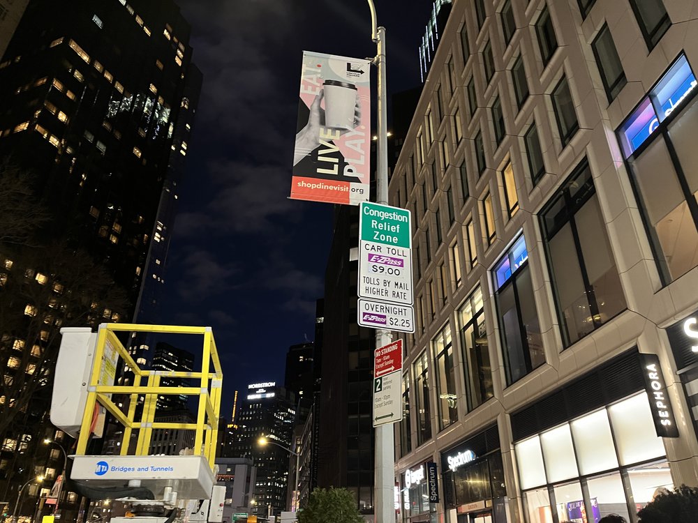 New signs tell drivers below 60th Street in Manhattan they’re in the “Congestion Relief Zone,” with a $9 charge for E-ZPass drivers and a higher rate for tolls by mail.