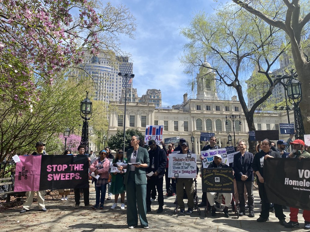Councilmember Sandy Nurse speaks outside City Hall criticizing the city's use of homeless encampment clean-ups on Tuesday April 22, 2025.