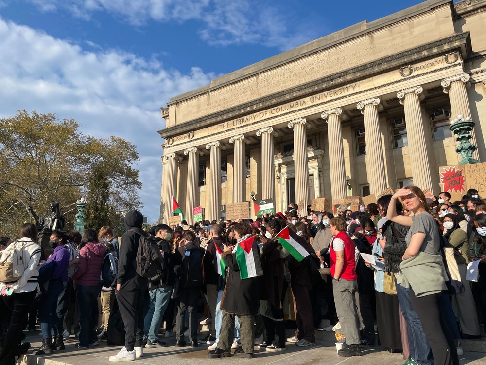 Students gathered outside at Columbia University.
