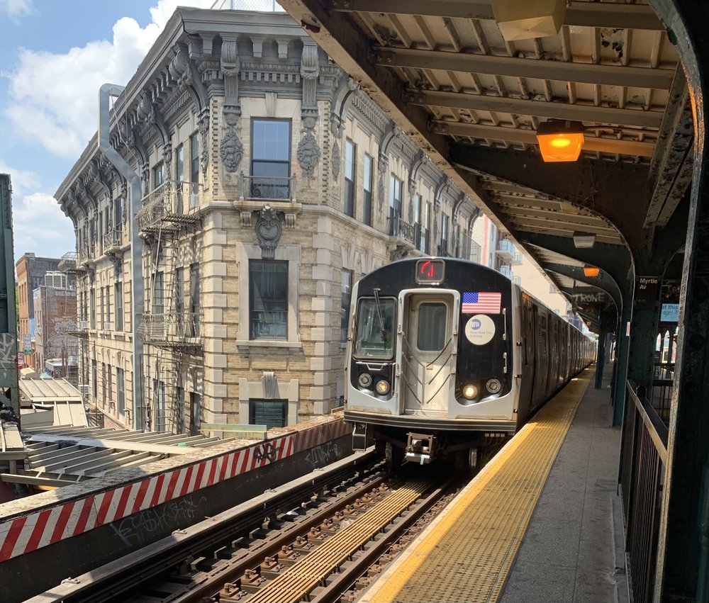 A J train pulls up at the Myrtle Broadway station in Bushwick, Brooklyn.