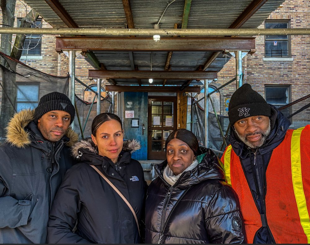Tenants Victor Deanda, Arlene Santiago, Renee Thompson Castro and David Thompson stand outside their apartment building on Noble Avenue in the Bronx.
