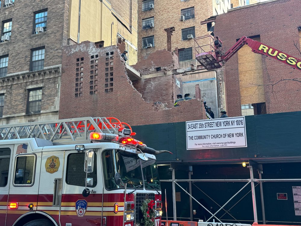 Firefighters respond to a construction worker death at a demolition site in Midtown Manhattan on Dec. 12, 2024.