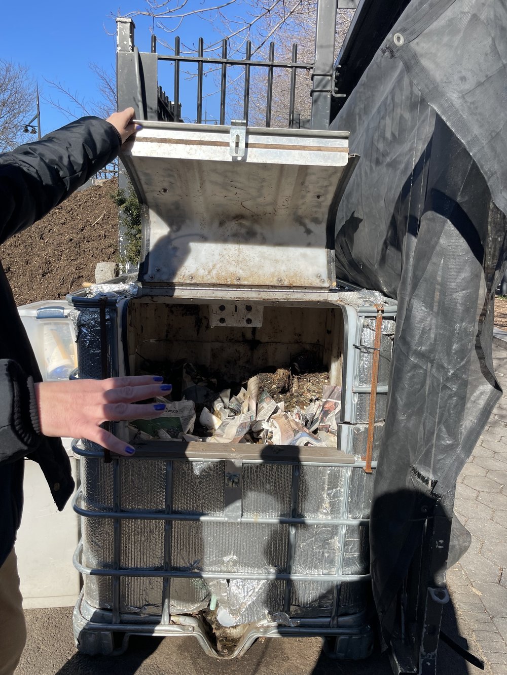 Battery Park City uses a composting device called the Earth Cube. It fits up to three cubic yards. Staff routinely do temperature checks and tests for pathogens to make sure it's safe to use.