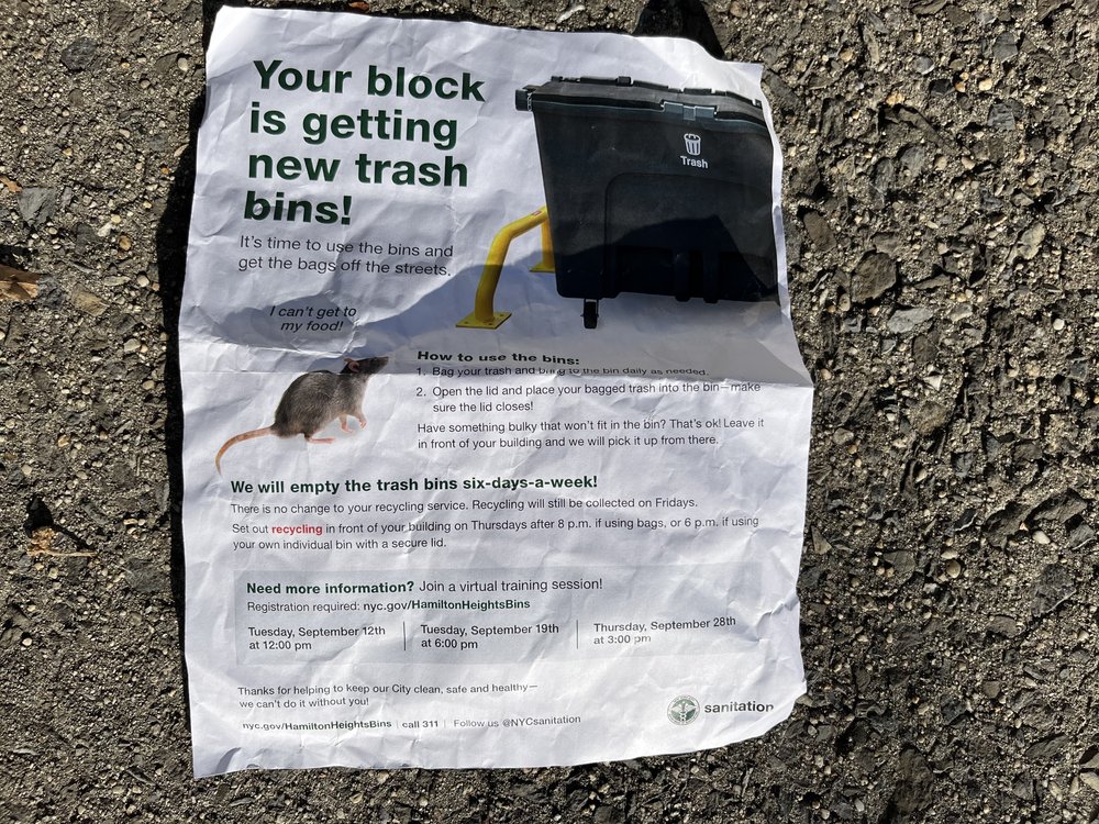 A flier given out to residents in West Harlem by the sanitation department.