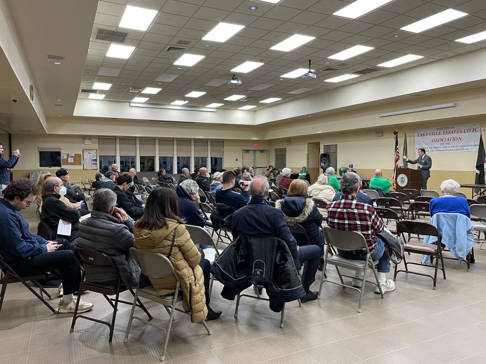 Ex-Rep. Tom Suozzi speaks to dozens of people at an event hosted by the Lakeville Estates Civic Association