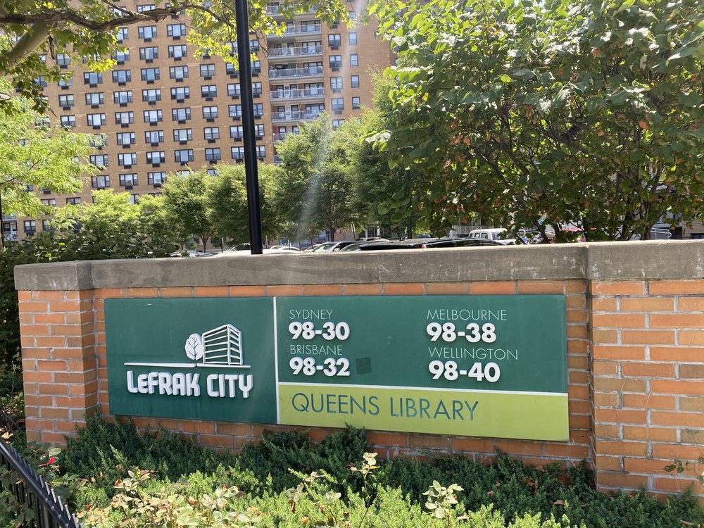 A sign at LeFrak City shows the different complexes names.