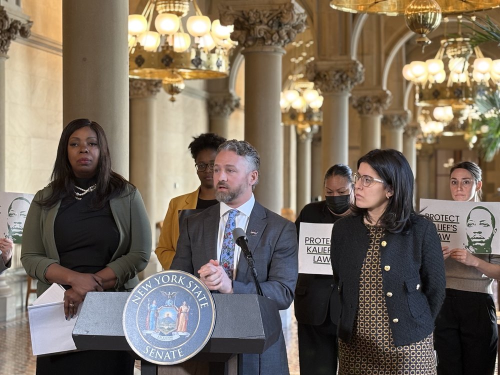 Assemblymember Latrice Walker, D-Brooklyn, (front left) spoke at a rally in opposition to Gov. Kathy Hochul's proposals on discovery law alongside public defender Eli Northrup (front center) and Assemblymember Gabriella Romero, D-Albany (front right).