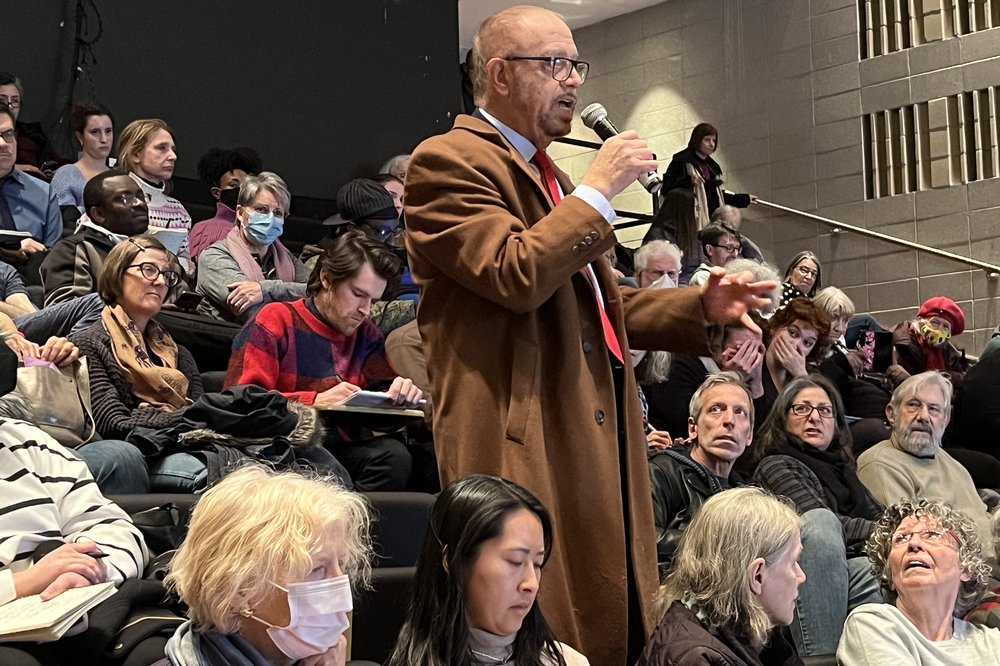 Lawyer Arthur Schwartz speaks out against Mount Sinai's plans for downsizing Beth Israel hospital during a community forum Tuesday night.
