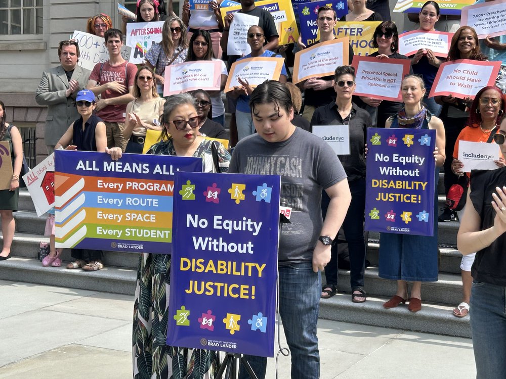 Lucas Healy rallies with advocates for students with disabilities outside of City Hall Thursday.