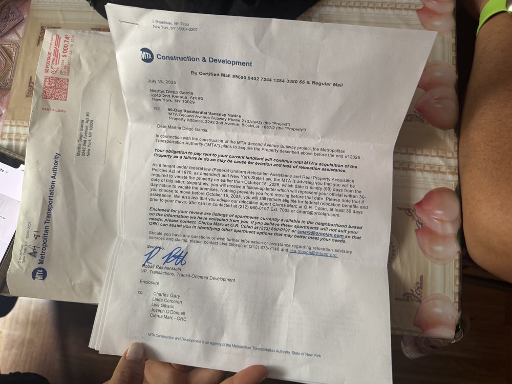 A letter from the MTA with a subject line that reads "90-day residential vacancy notice."