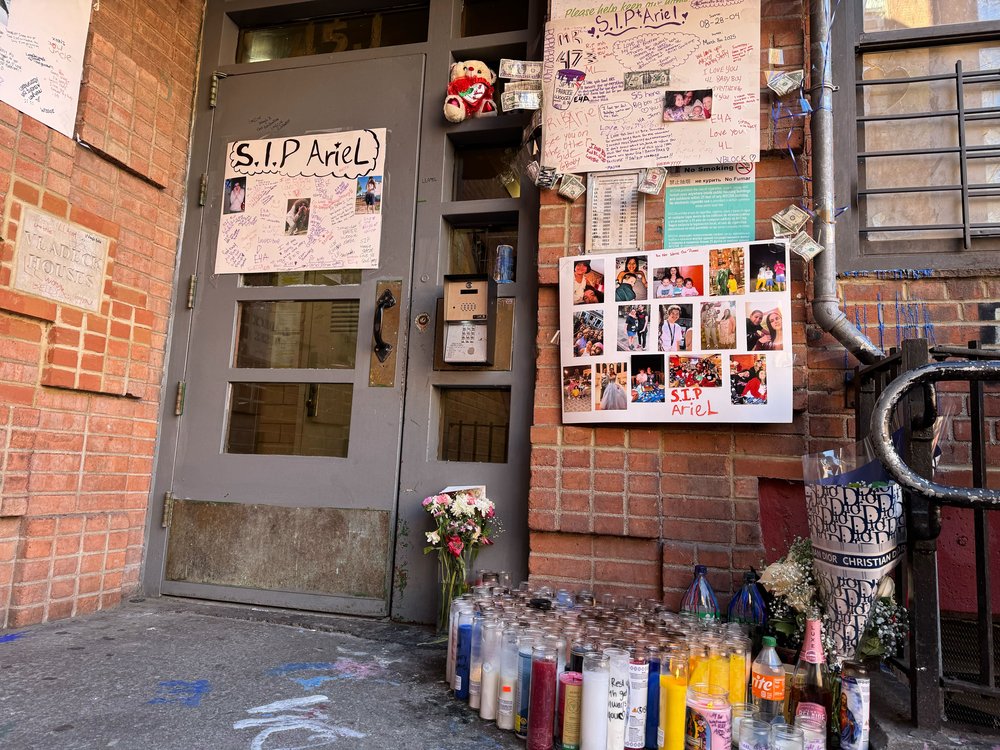 A memorial for 21-year-old Ariel Quidone is seen at NYCHA's Vladeck Houses on the Lower East Side on March 18, 2025.