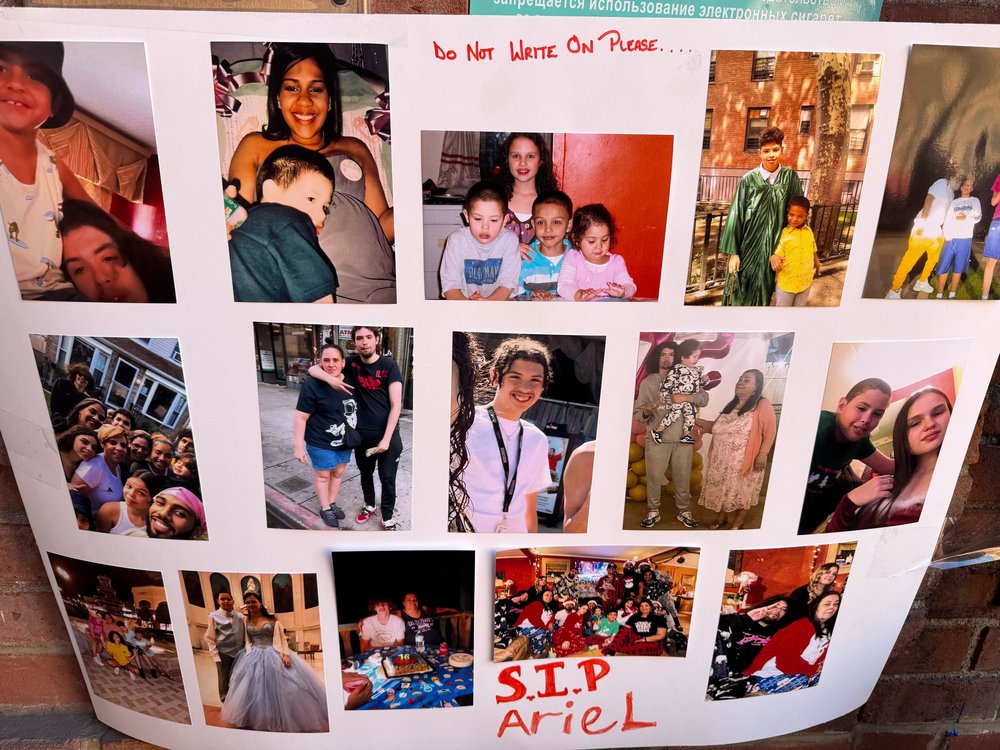 A poster of photos of Ariel Quidone is hung at NYCHA's Vladeck Houses on March 18, 2025.