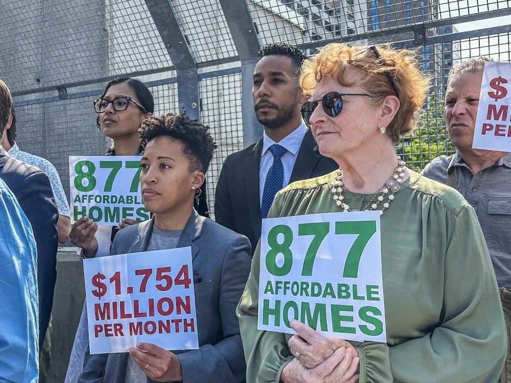 Councilmembers Shahana Hanif and Crystal Hudson, Brooklyn Borough President Antonio Reynoso and Assemblymember Jo Anne Simon rallied on Tuesday June 3, 2025 against New York's Empire State Development corporation's decision not to impose fines on a developer for failing to deliver on its affordable housing commitments at Atlantic Yards.
