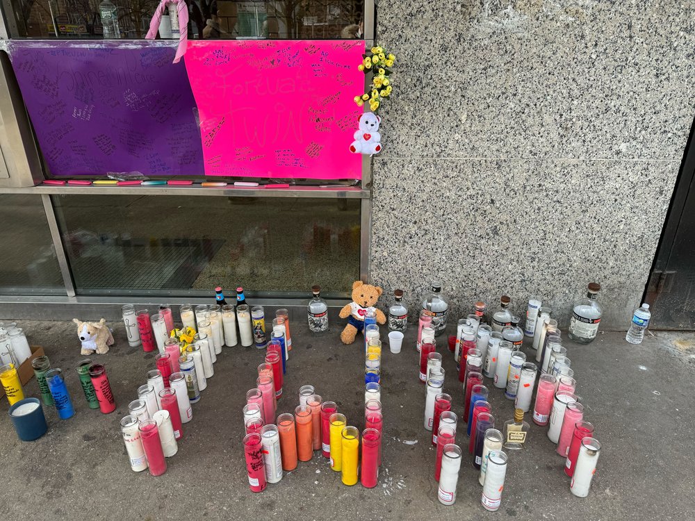 A memorial set up for Samyia Spain, 19, at the Wyckoff Gardens complex, seen on March 18, 2024