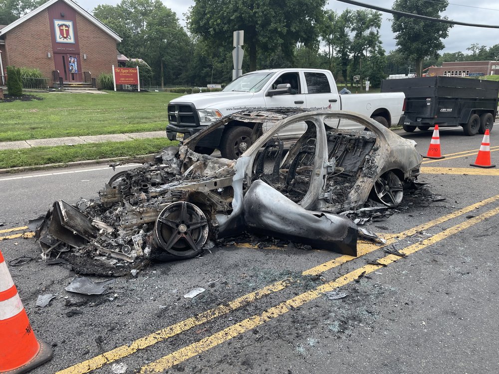 A burned out car in North Plainfield New Jersey