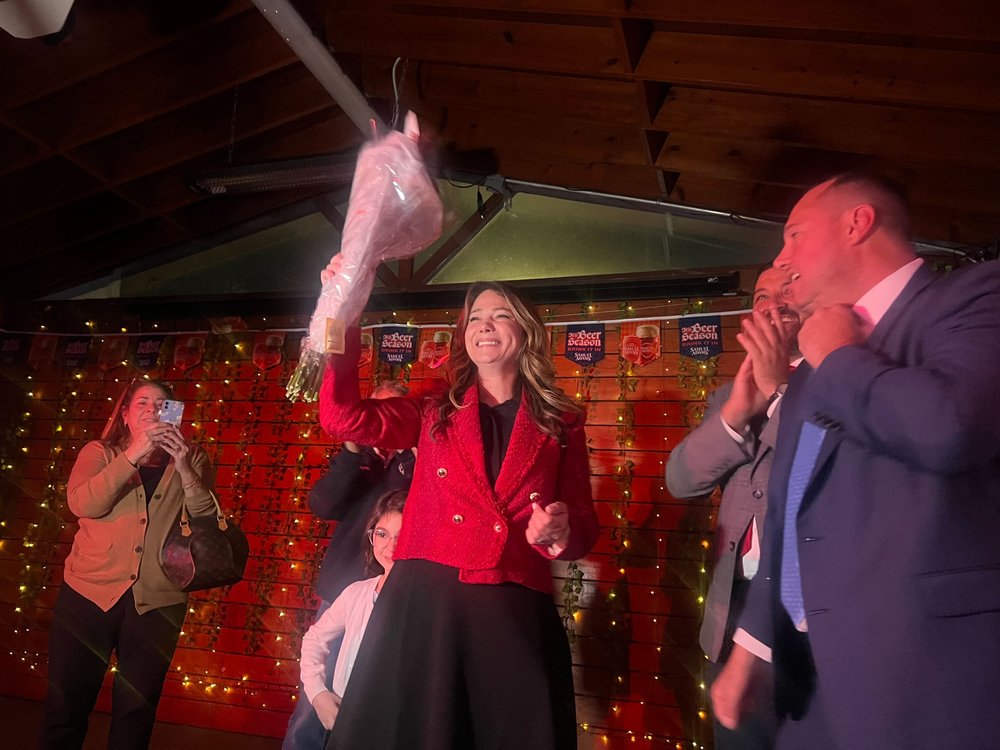 Republican Kristy Marmorato celebrates promising election results in the Bronx on Tuesday.