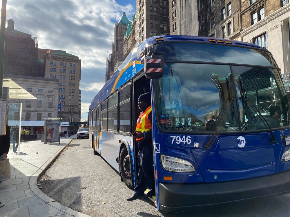 A bus operator in downtown Brooklyn.