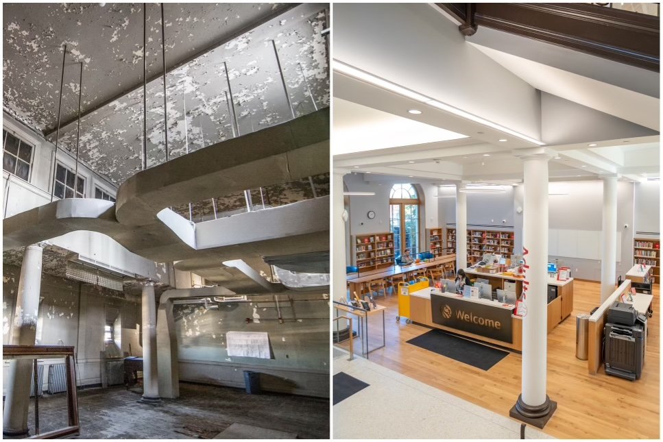 The 125th Street Branch in Harlem, before and after its three-year, $100 million renovation. The historic building now features modern amenities, including new heating and air conditioning, restrooms, an elevator and dedicated spaces for teens and children.