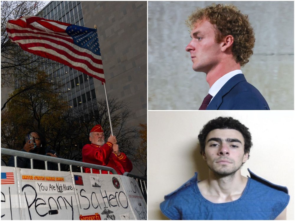 Luigi Mangione and Daniel Penny, with protesters cheering for Penny outside his trial in the background.