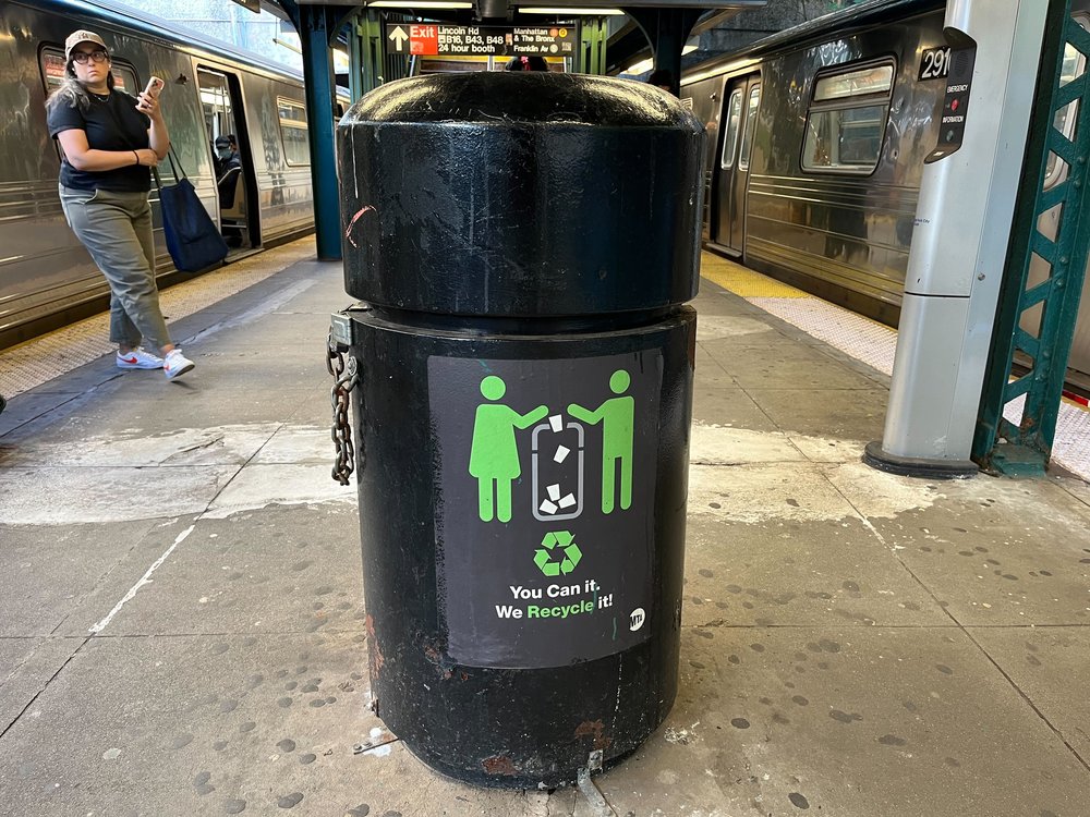 A trash can at the Prospect Park subway station on the B and Q lines.