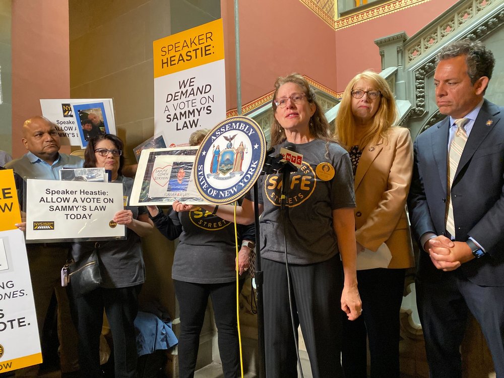 Advocates and legislators speak at a press conference, holding signs demanding a vote on Sammy's Law.