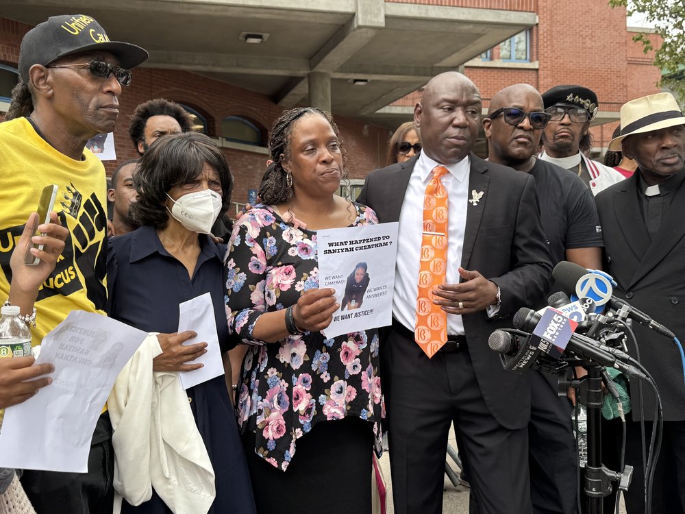 Attorney Ben Crump (center right) joins Thomasina Cheatham (center left), family members and community activists at the NYPD’s 41st Precinct to demand answers about Saniyah Cheatham's death.