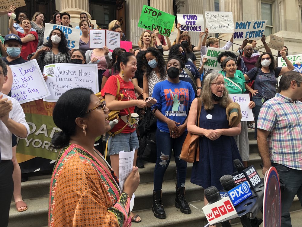 City Council member Shahana Hanif rallied with parents and other Council members outside the Department of Education's main offices in Manhattan on Monday in opposition to cuts to school budgets.