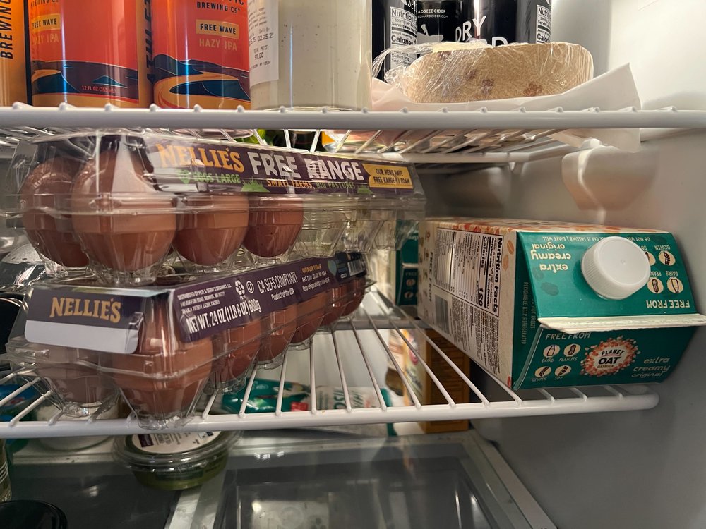 Eggs inside a refrigerator.