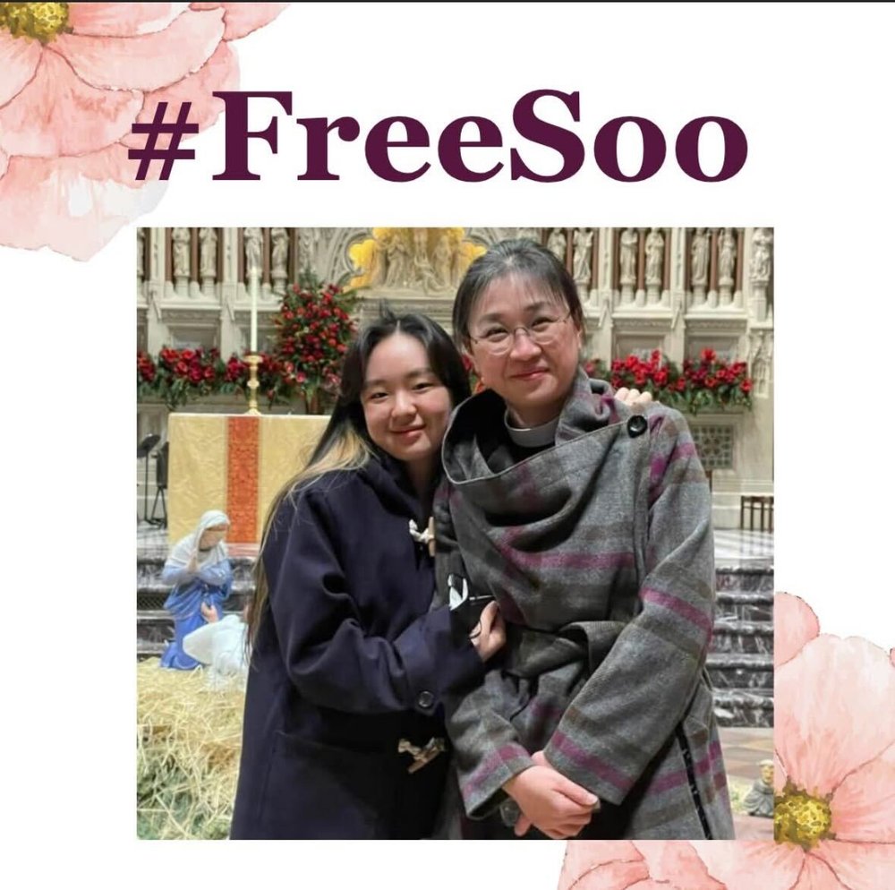 A photo from a fundraising with a picture of Yeonsoo Go and her mother.