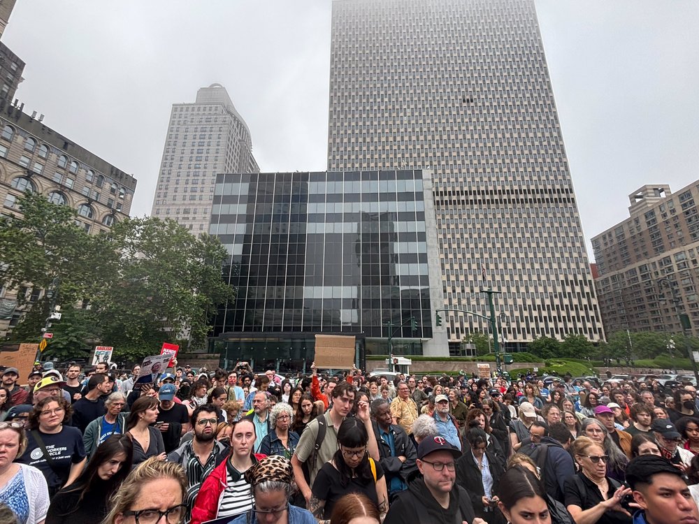 Crowds gather in Lower Manhattan after city Comptroller Brad Lander was arrested on Tuesday, June 17, 2025.
