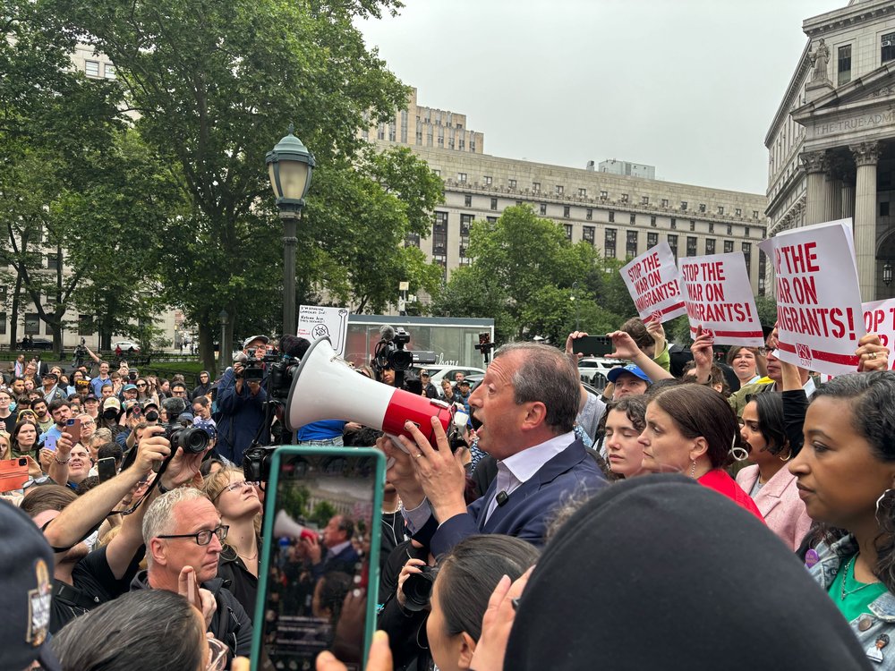 City Comptroller Brad Lander addresses the crowd after being released from custody on Tuesday, June 17, 2025.