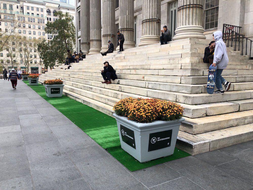 New anti-skateboarding elements installed this week outside Brooklyn Borough Hall