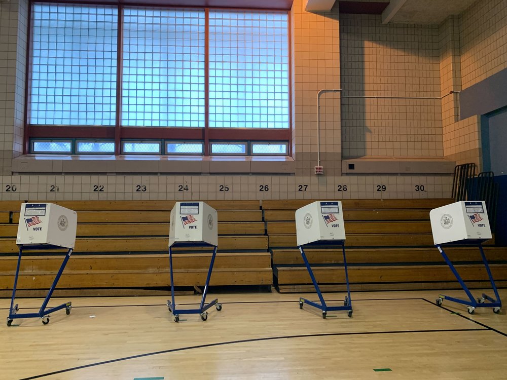 An empty poll site inside a Long Island City high school in Queens.