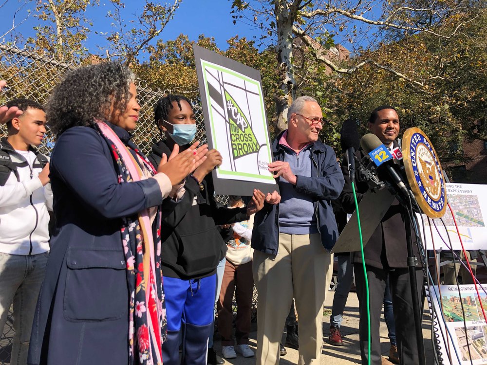 Senator Schumer and Rep. Ritchie Torres in the Bronx to discuss the plan, with a map