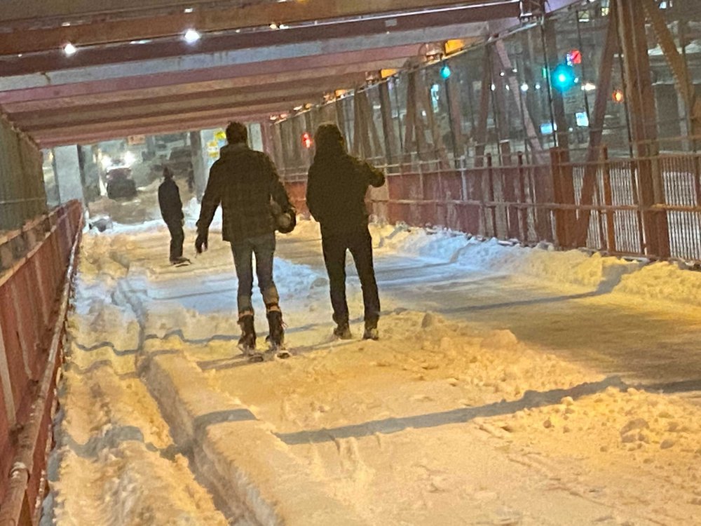 A downhill skier attempts to conquer the Williamsburg Bridge on Wednesday night