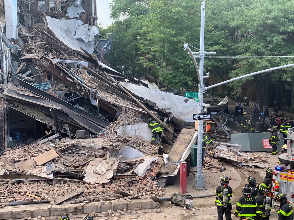 Photographs of the collapsed building at 348 Court Street and the FDNY response.