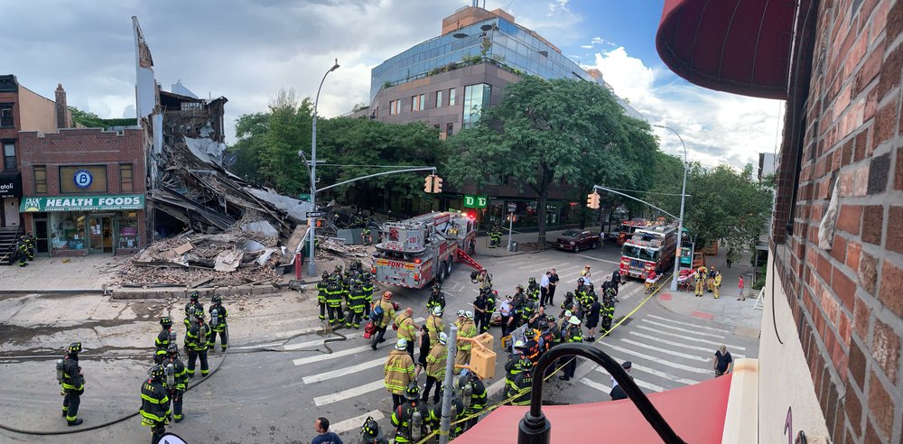 Photographs of the collapsed building at 348 Court Street and the FDNY response.