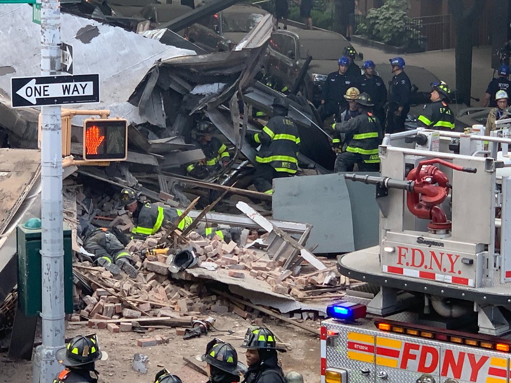 Photographs of the collapsed building at 348 Court Street and the FDNY response.