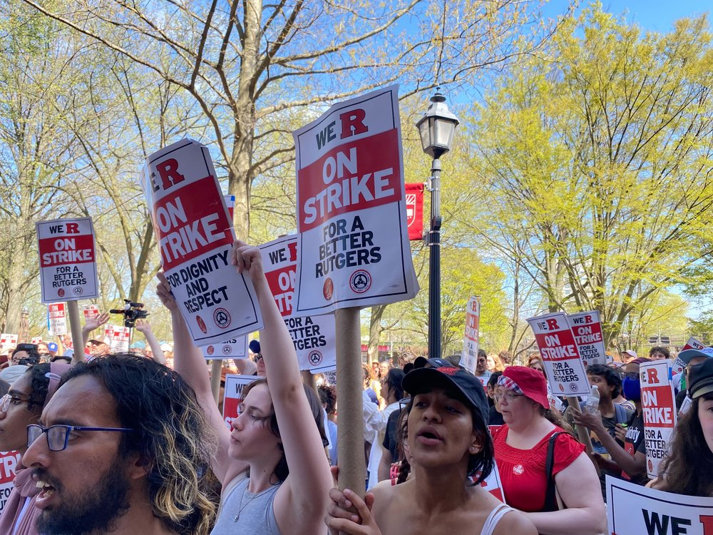 A photo of Rutgers faculty members striking this week at the New Brunswick campus
