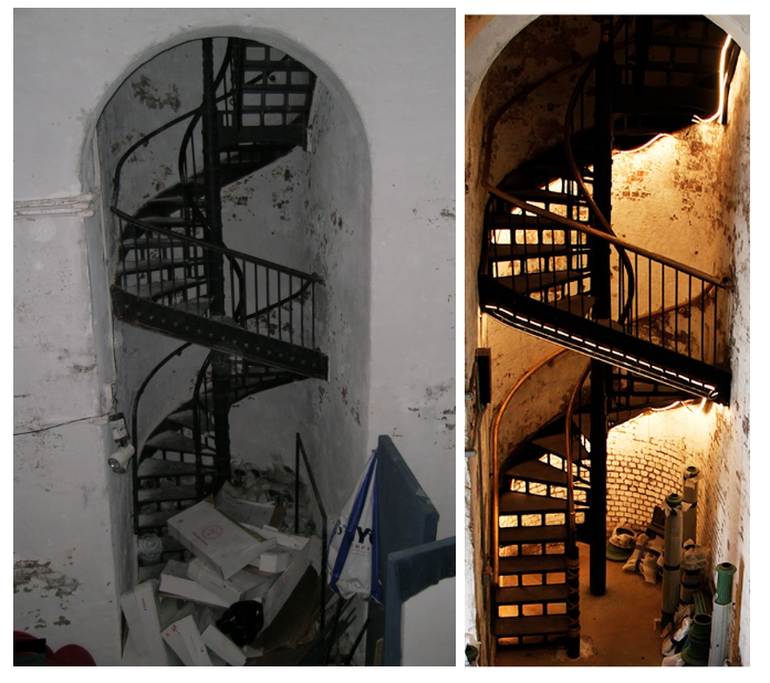 The Arch’s spiral staircase before and after restoration.