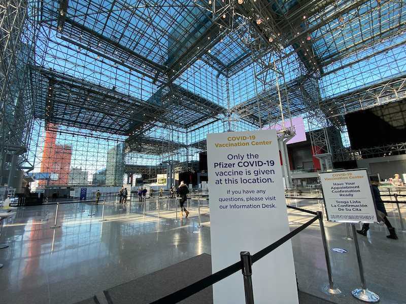 The signage at the Javits Center instructing people there for the COVID-19 vaccine.