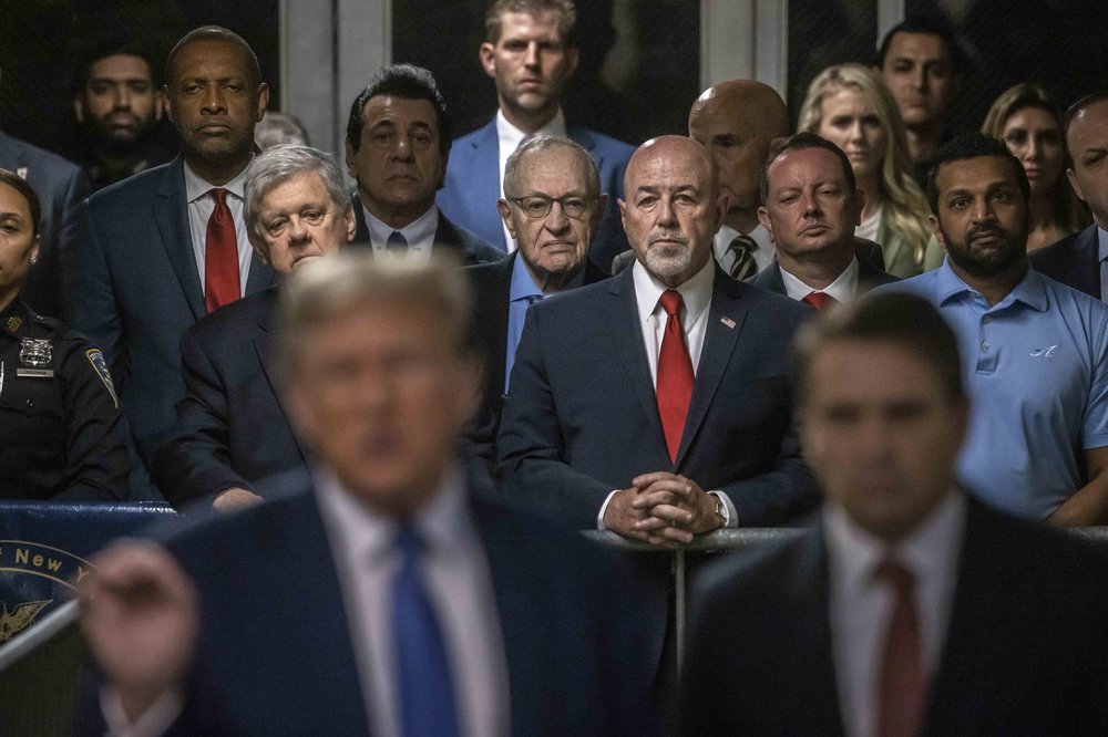 A photo of former New York City Police Commissioner Bernard Kerik, as Former U.S. President Donald Trump speaks to the media during his hush money trial in Manhattan last year