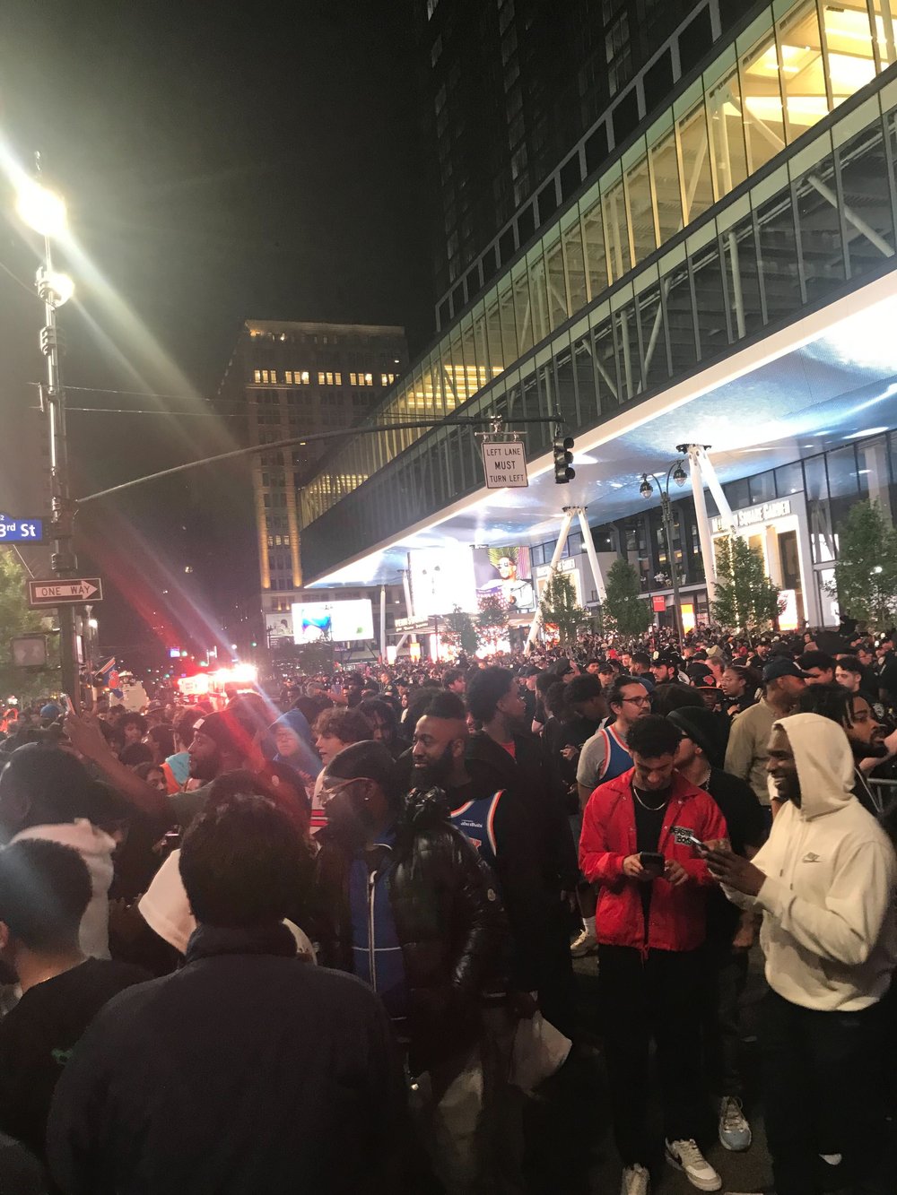 A photo of a large crowd outside Madison Square Garden Friday night, after the Knicks defeated the Boston Celtics in the Eastern Conference Semifinals.