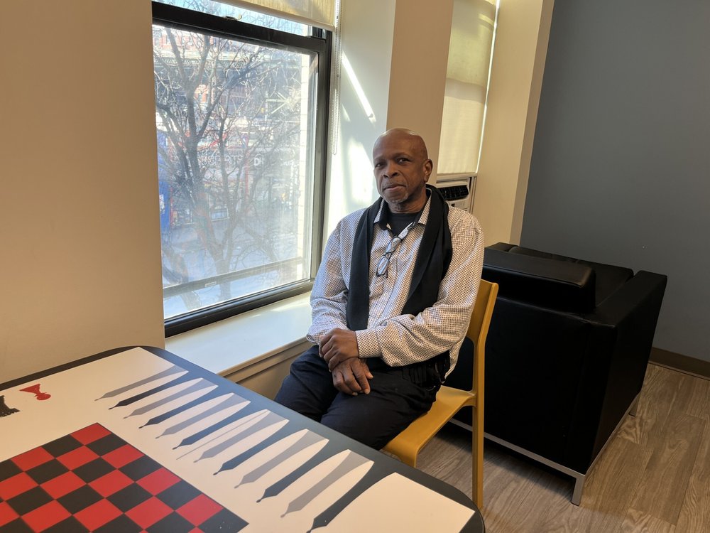 Kenneth Harris in a common room at The Bridge's "safe haven" shelter in Harlem.