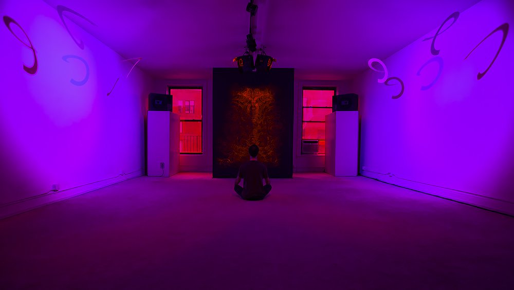 a room glows with purple light